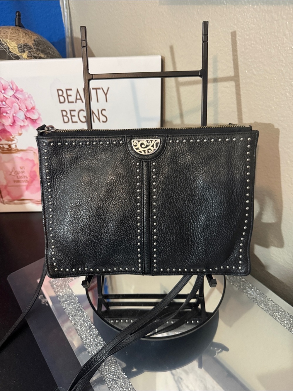 Brighton Black Pebbled Leather Crossbody with Silver Stud Detail